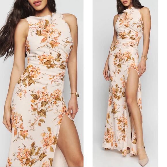 Reformation Senna Floral Ruched High Neck High Slit Bella Maxi Dress Size 18 - Picture 1 of 11